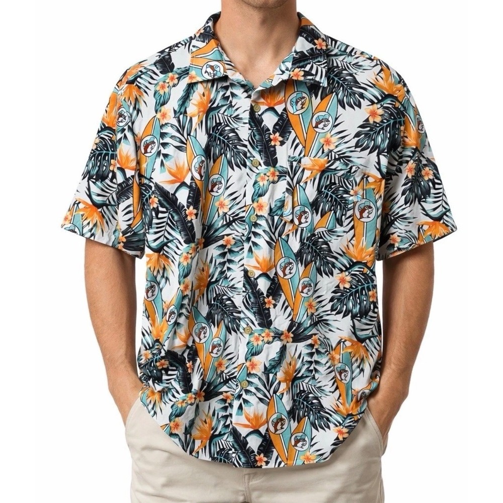 Bucee's Mens XL Tropical Surfboard Beaver Print Button Up Shirt Beach Resort